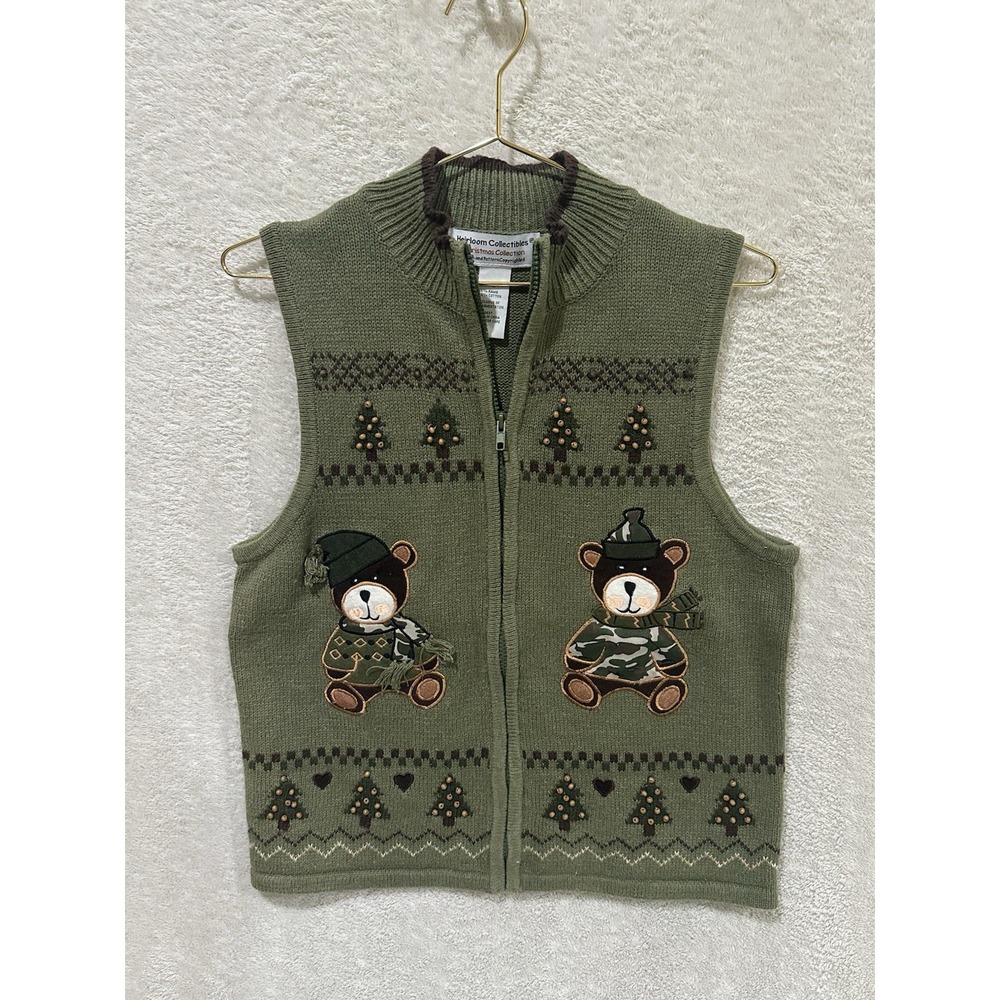 Heirloom Collectibles Women Christmas Camo Bear Full Zip Knit Cardigan Vest Lâ